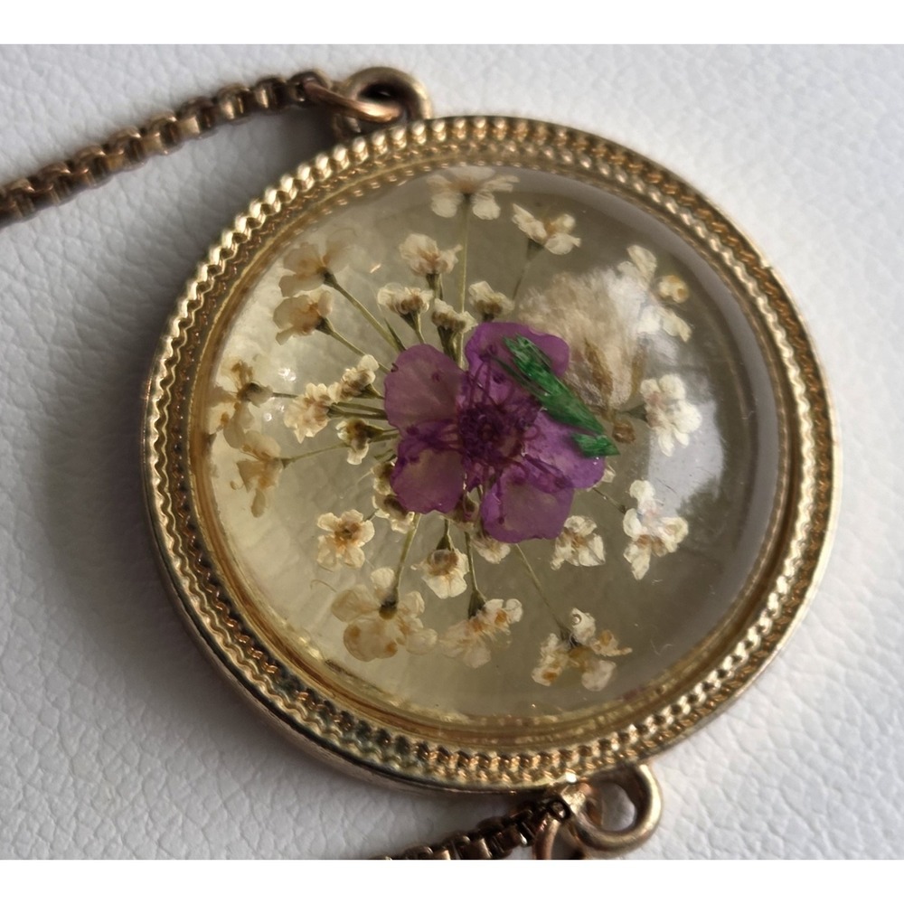 Vintage Pressed Flowers Convex Dome Bubble‎ Glass Gold Tone Adjustable Bracelet
